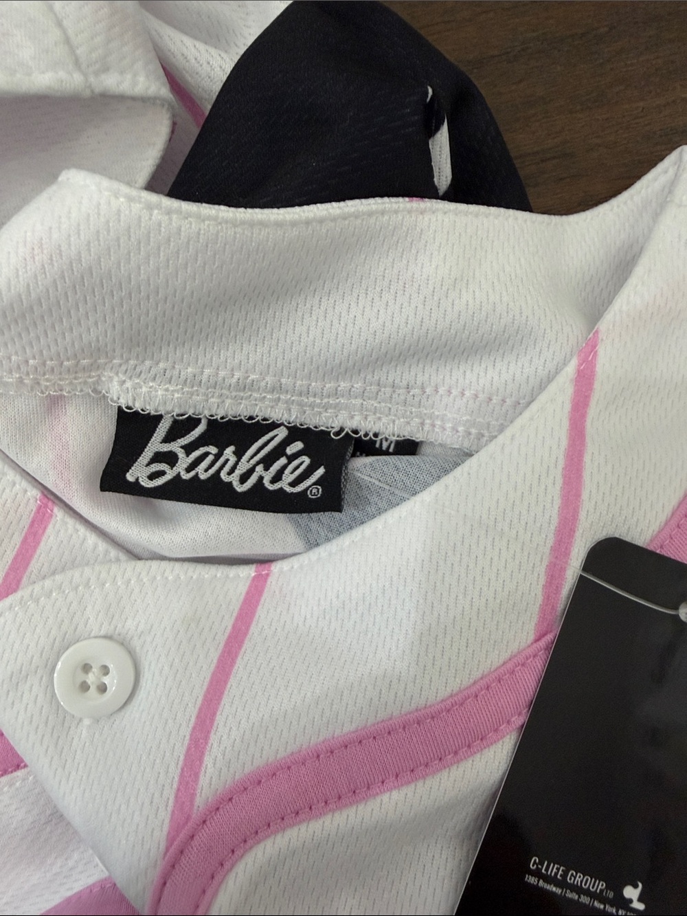 Barbie White Jersey with Pink Pinstripes and Black Logo - Picture 3 of 3